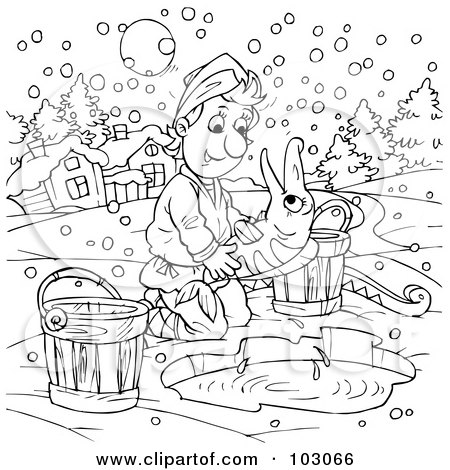 Royalty-Free (RF) Clipart Illustration of a Coloring Page Outline Of A Boy Releasing a Fish by Alex Bannykh