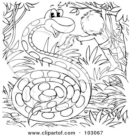 Royalty-Free (RF) Clipart Illustration of a Coloring Page Outline Of A Boy And Giant Snake by Alex Bannykh