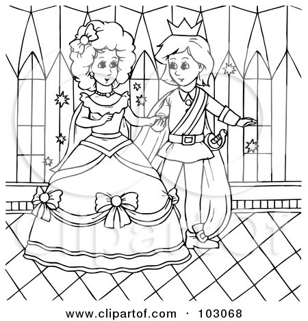 Royalty-Free (RF) Clipart Illustration of a Coloring Page Outline Of Cinderella Dancing With A Prince by Alex Bannykh