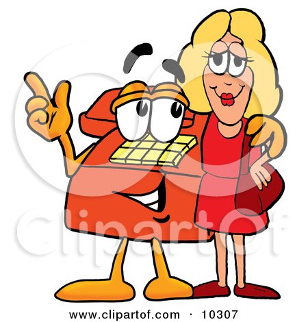 Clipart Picture of a Red Telephone Mascot Cartoon Character Talking to a Pretty Blond Woman by Mascot Junction