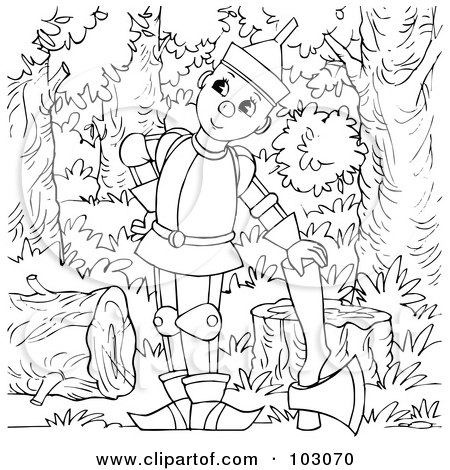 Royalty-Free (RF) Clipart Illustration of a Coloring Page Outline Of A Tin Man Leaning On An Ax by Alex Bannykh