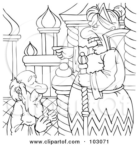 Royalty-Free (RF) Clipart Illustration of a Coloring Page Outline Of A Mean Queen Yelling At An Old Man by Alex Bannykh