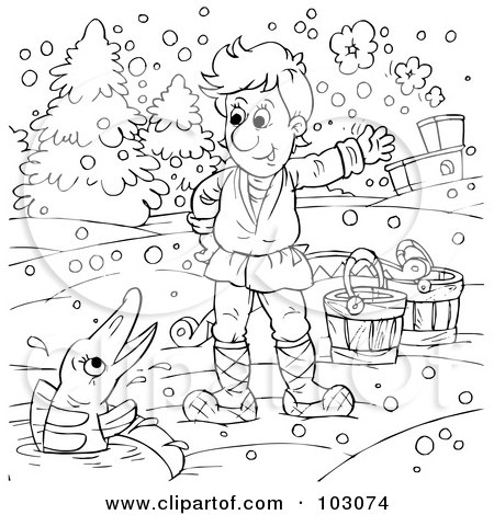 Royalty-Free (RF) Clipart Illustration of a Coloring Page Outline Of A Boy Talking To A Fish by Alex Bannykh