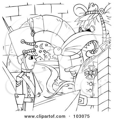 Royalty-Free (RF) Clipart Illustration of a Coloring Page Outline Of A Rat Commanding A Toy Soldier by Alex Bannykh