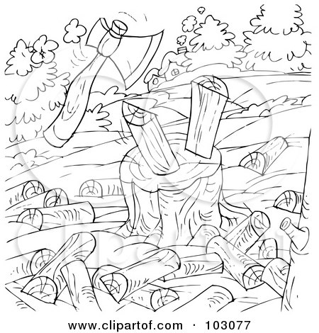 Royalty-Free (RF) Clipart Illustration of a Coloring Page Outline Of An Ax Chopping Wood by Alex Bannykh