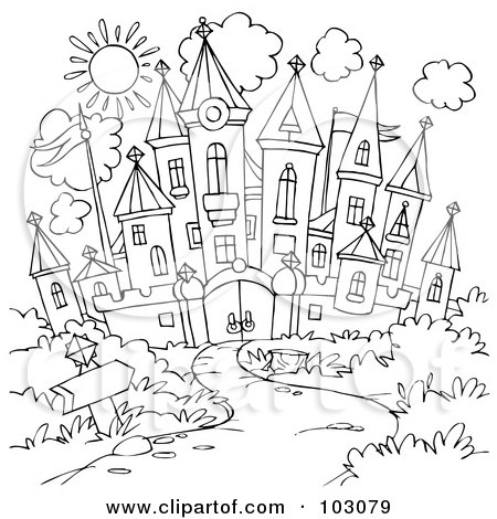 Royalty-Free (RF) Clipart Illustration of a Coloring Page Outline Of A Winding Path Leading To A Castle by Alex Bannykh