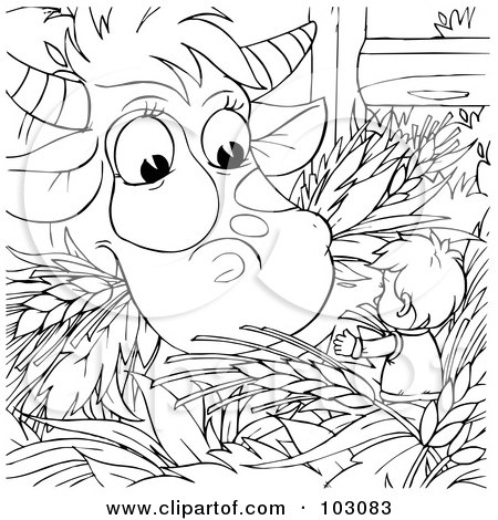 Royalty-Free (RF) Clipart Illustration of a Coloring Page Outline Of A Tiny Boy By An Eating Cow by Alex Bannykh