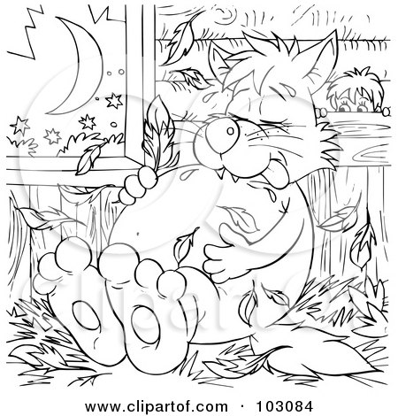 Royalty-Free (RF) Clipart Illustration of a Coloring Page Outline Of A Boy Watching A Fat Wolf With Bird Feathers by Alex Bannykh