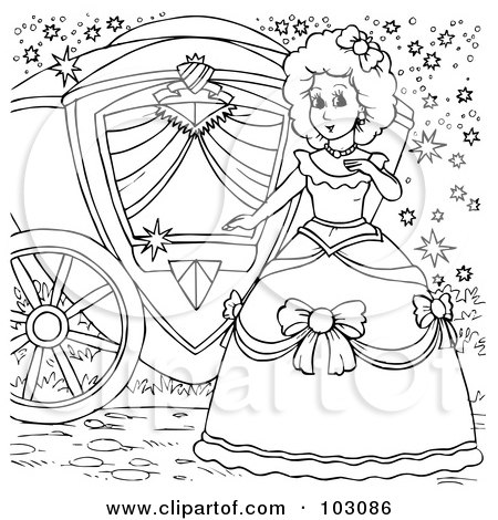 Royalty-Free (RF) Clipart Illustration of a Coloring Page Outline Of Cinderella By Her Carriage by Alex Bannykh
