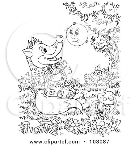 Royalty-Free (RF) Clipart Illustration of a Coloring Page Outline Of A Fox Watching A Happy Ball by Alex Bannykh