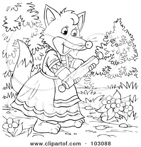 Royalty-Free (RF) Clipart Illustration of a Coloring Page Outline Of A Female Fox Carrying A Rolling Pin by Alex Bannykh
