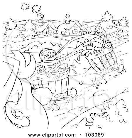 Royalty-Free (RF) Clipart Illustration of a Coloring Page Outline Of A Boy Watching Walking Buckets by Alex Bannykh