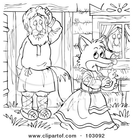 Royalty-Free (RF) Clipart Illustration of a Coloring Page Outline Of A Female Fox Walking Away From A Man by Alex Bannykh