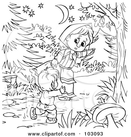 Royalty-Free (RF) Clipart Illustration of a Coloring Page Outline Of A Girl Leading A Boy Through The Woods by Alex Bannykh