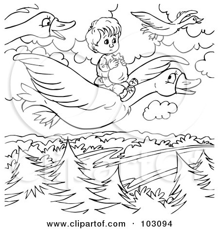 Royalty-Free (RF) Clipart Illustration of a Coloring Page Outline Of A Boy Flying On A Goose by Alex Bannykh
