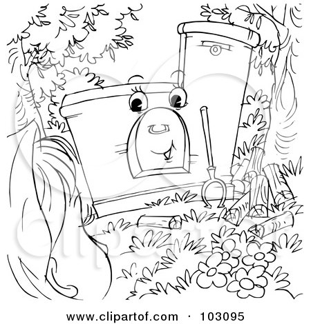 Royalty-Free (RF) Clipart Illustration of a Coloring Page Outline Of A Girl Facing A Friendly Oven by Alex Bannykh