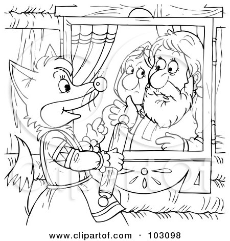 Royalty-Free (RF) Clipart Illustration of a Coloring Page Outline Of A Female Fox Baking And Looking At An Old Couple by Alex Bannykh