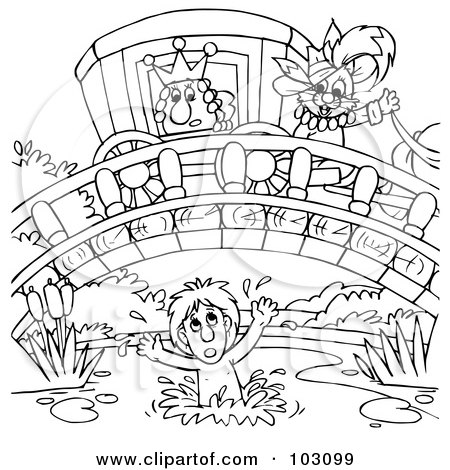 Royalty-Free (RF) Clipart Illustration of a Coloring Page Outline Of Puss In Boots Over A Drowing Boy by Alex Bannykh