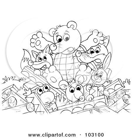Royalty-Free (RF) Clipart Illustration of a Coloring Page Outline Of A Bear, Fox,Wolf, Frog And Other Animals With A Collapsed Cabin by Alex Bannykh