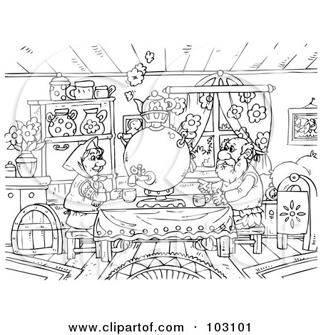 Royalty-Free (RF) Clipart Illustration of a Coloring Page Outline Of A Couple Drinking At A Table by Alex Bannykh