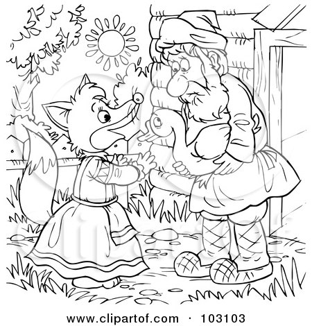 Royalty-Free (RF) Clipart Illustration of a Coloring Page Outline Of A Man Giving A Goose To A Fox by Alex Bannykh