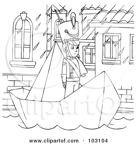 Royalty-Free (RF) Clipart Illustration of a Coloring Page Outline Of A Soldier In A Paper Boat by Alex Bannykh