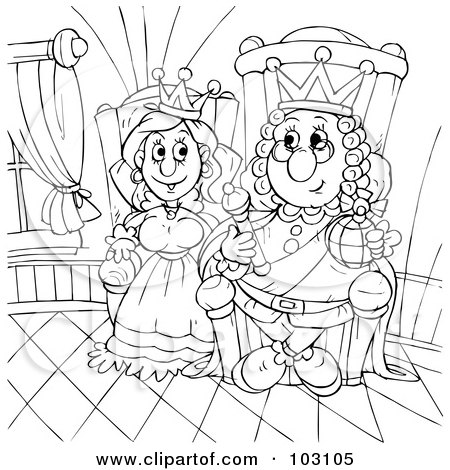 Royalty-Free (RF) Clipart Illustration of a Coloring Page Outline Of A Happy King And Queen Sitting At The Throne by Alex Bannykh