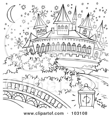 Royalty-Free (RF) Clipart Illustration of a Coloring Page Outline Of A Magical Cinderella Castle by Alex Bannykh