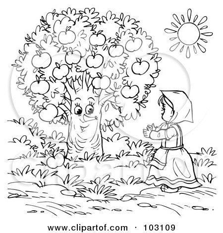 Royalty-Free (RF) Clipart Illustration of a Coloring Page Outline Of A Girl Talking To An Apple Tree by Alex Bannykh