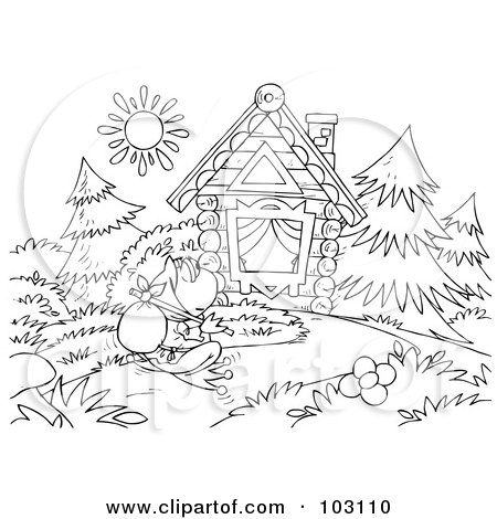 Royalty-Free (RF) Clipart Illustration of a Coloring Page Outline Of A Vagrant Frog Approaching A Cabin by Alex Bannykh
