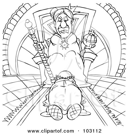 Royalty-Free (RF) Clipart Illustration of a Coloring Page Outline Of A Man Kneeling Before A Mean Queen by Alex Bannykh