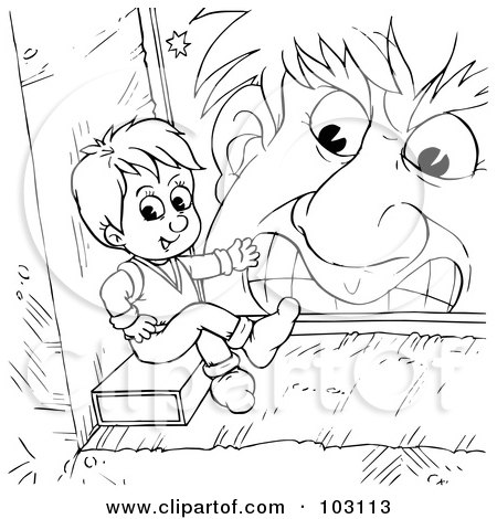 Royalty-Free (RF) Clipart Illustration of a Coloring Page Outline Of A Mean Giant Looking At A Tiny Boy by Alex Bannykh