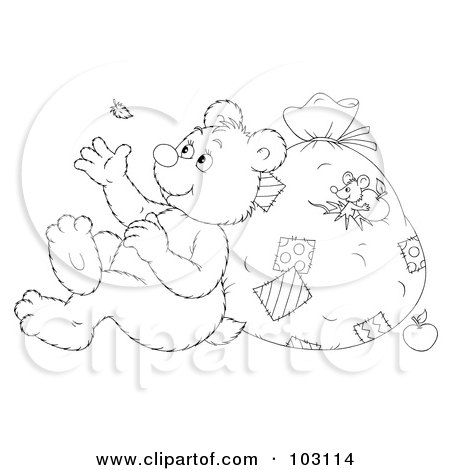 Royalty-Free (RF) Clipart Illustration of a Coloring Page Outline Of A Bear Leaning Against A Sack And Watching A Floating Feather by Alex Bannykh