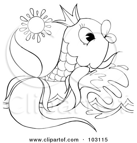 Royalty-Free (RF) Clipart Illustration of a Coloring Page Outline Of A Fish Wearing A Crown by Alex Bannykh
