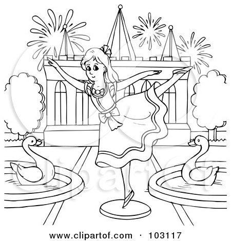 Royalty-Free (RF) Clipart Illustration of a Coloring Page Outline Of A Girl Dancing By Swans by Alex Bannykh