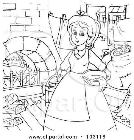 Royalty-Free (RF) Clipart Illustration of a Coloring Page Outline Of Cinderella Doing Chores by Alex Bannykh
