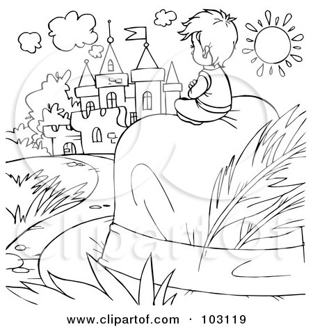 Royalty-Free (RF) Clipart Illustration of a Coloring Page Outline Of A Tiny Boy Sitting On A Hat Near A Castle by Alex Bannykh