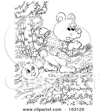 Royalty-Free (RF) Clipart Illustration of a Coloring Page Outline Of A Bear Watching A Happy Ball by Alex Bannykh