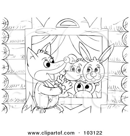 Royalty-Free (RF) Clipart Illustration of a Coloring Page Outline Of A Fox Talking To A Mouse, Rabbit And Frog In A Window by Alex Bannykh