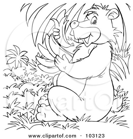 Royalty-Free (RF) Clipart Illustration of a Coloring Page Outline Of A Bear Eating Bananas by Alex Bannykh