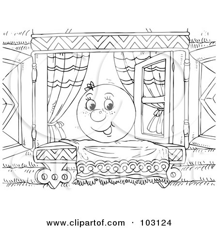 Royalty-Free (RF) Clipart Illustration of a Coloring Page Outline Of A Happy Ball On A Window Seat by Alex Bannykh