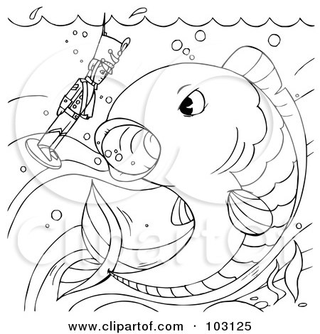Royalty-Free (RF) Clipart Illustration of a Coloring Page Outline Of A Fish Swimming By A Toy Soldier by Alex Bannykh