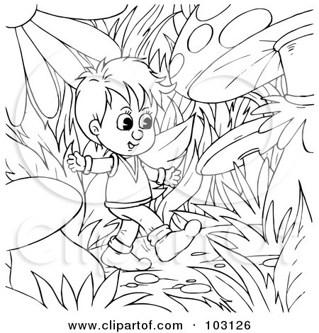 Royalty-Free (RF) Clipart Illustration of a Coloring Page Outline Of A Tiny Boy Walking Through Plants by Alex Bannykh
