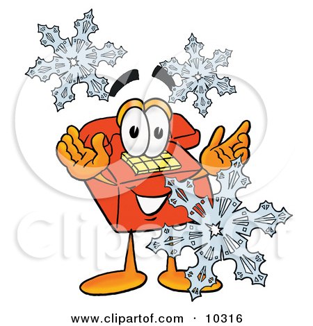 Clipart Picture of a Red Telephone Mascot Cartoon Character With Three Snowflakes in Winter by Mascot Junction