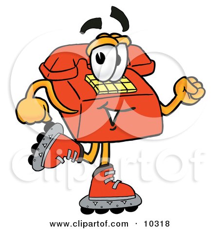 Clipart Picture of a Red Telephone Mascot Cartoon Character Roller Blading on Inline Skates by Mascot Junction