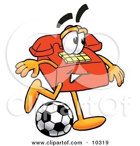 Clipart Picture of a Red Telephone Mascot Cartoon Character Kicking a Soccer Ball by Mascot Junction