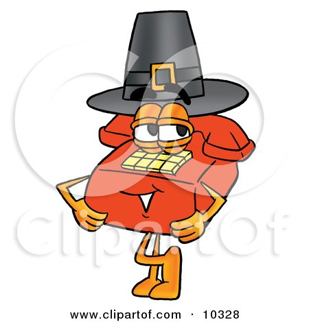 Clipart Picture of a Red Telephone Mascot Cartoon Character Wearing a Pilgrim Hat on Thanksgiving by Mascot Junction