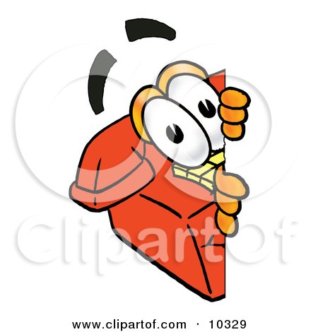 Clipart Picture of a Red Telephone Mascot Cartoon Character Peeking Around a Corner by Mascot Junction