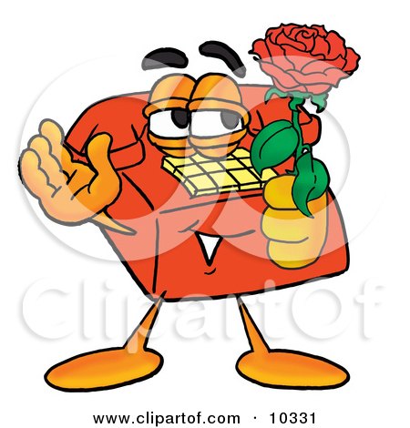 Clipart Picture of a Red Telephone Mascot Cartoon Character Holding a Red Rose on Valentines Day by Mascot Junction
