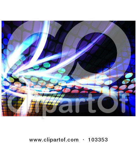 Royalty-Free (RF) Clipart Illustration of a Background Of Fractal Lights And Colorful Equalizer Dots by Arena Creative